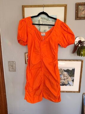 NWT GANNI Orange Puff Sleeve Ruched Mini Dress